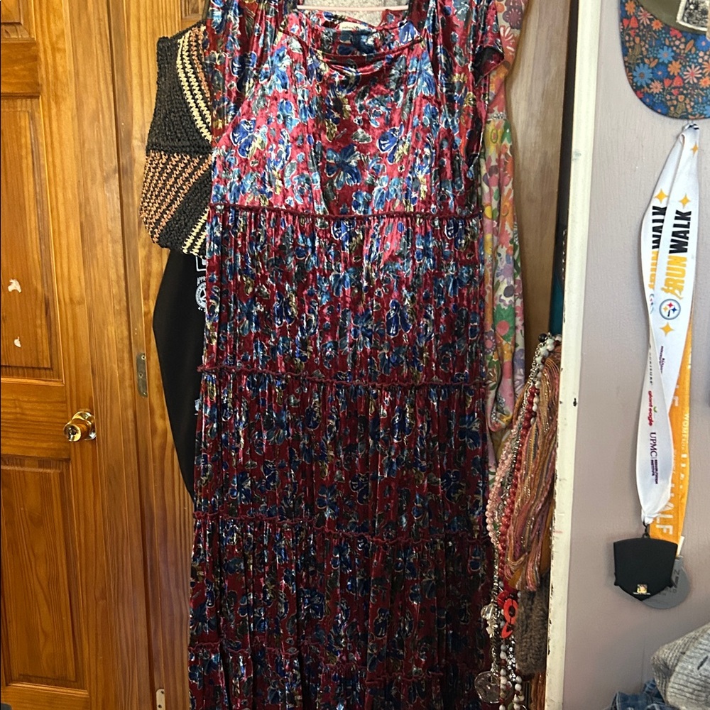 NATURAL LIFE Red velvet Floral Tiered Maxi Dress